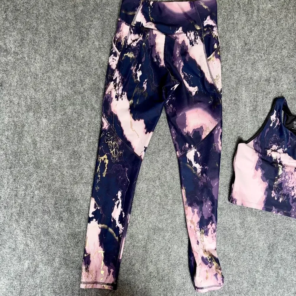 Old Navy Active Powersoft Girls L 10-12 Purple Swirl Leggings Sports Bra Set